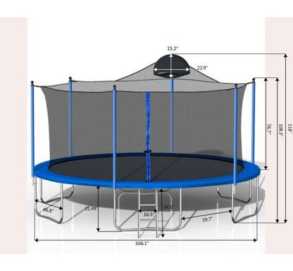 14FT Trampoline For Adults Kids With Basketball Hoop, Outdoor Trampolines W  Ladder And Safety Enclosure Net For Kids And Adults,Double-side Color Cover