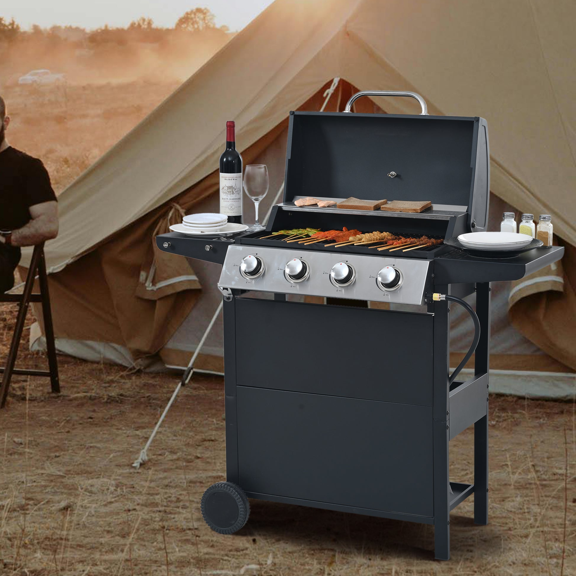 Propane Gas Grill 4 Burner Barbecue Grill, Stainless Steel 34,000 BTU Patio Garden Barbecue Grill with Two Shelves, Lid, Wheels and Bottle Opener by Dropsure