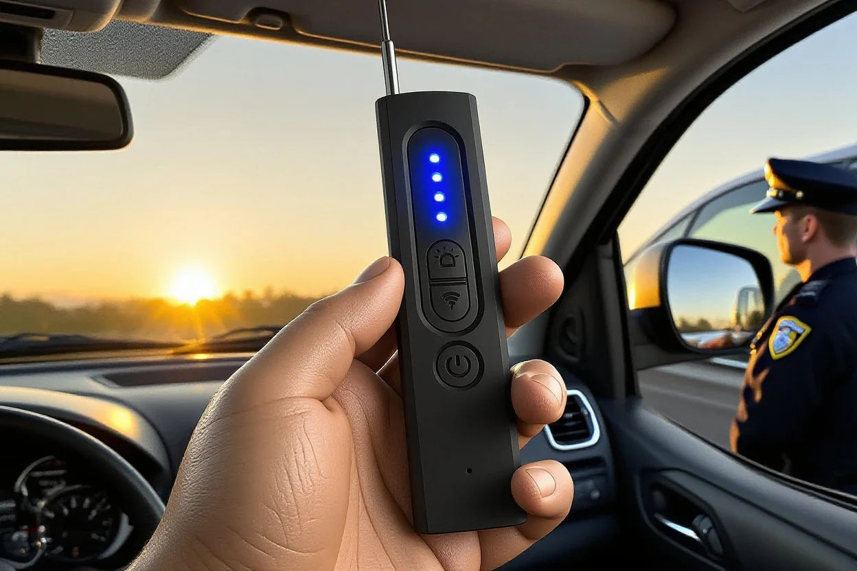 Hand holding Spystopper Pro multi-functional surveillance detector inside a car at sunset with police officer outside the window.