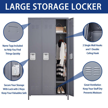 3 Employee Metal Lockers With 72 Inch High Locks, Home Gym Office, School Garage Lockers, Gray