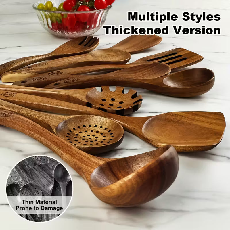 Non-Stick Cookware Set, Wooden Kitchen Utensils Kit, Heat Resistant Up to 450°F, 10pcs Pans Spatulas Slotted Wooden Kitchen Spoons, Elegant Heavy-Duty Wooden Utility Set, Cooking Tools for Baking Serving Everyday & Formal Cooking