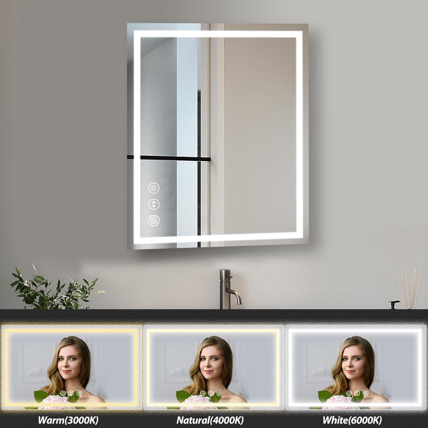 LED Bathroom Mirror 28 x 20 Inches with Front and Backlit,Anti-Fog,3 Colors and Dimmable Light,Tempered Glass by Dropsure