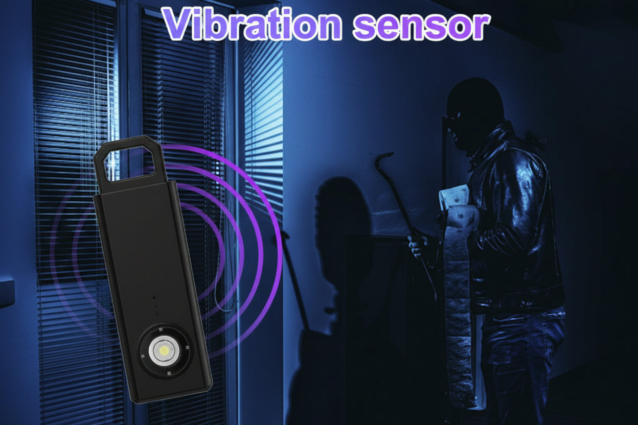 Vibration sensor device with a silhouette of a person holding a tool, indicating an alarm response.