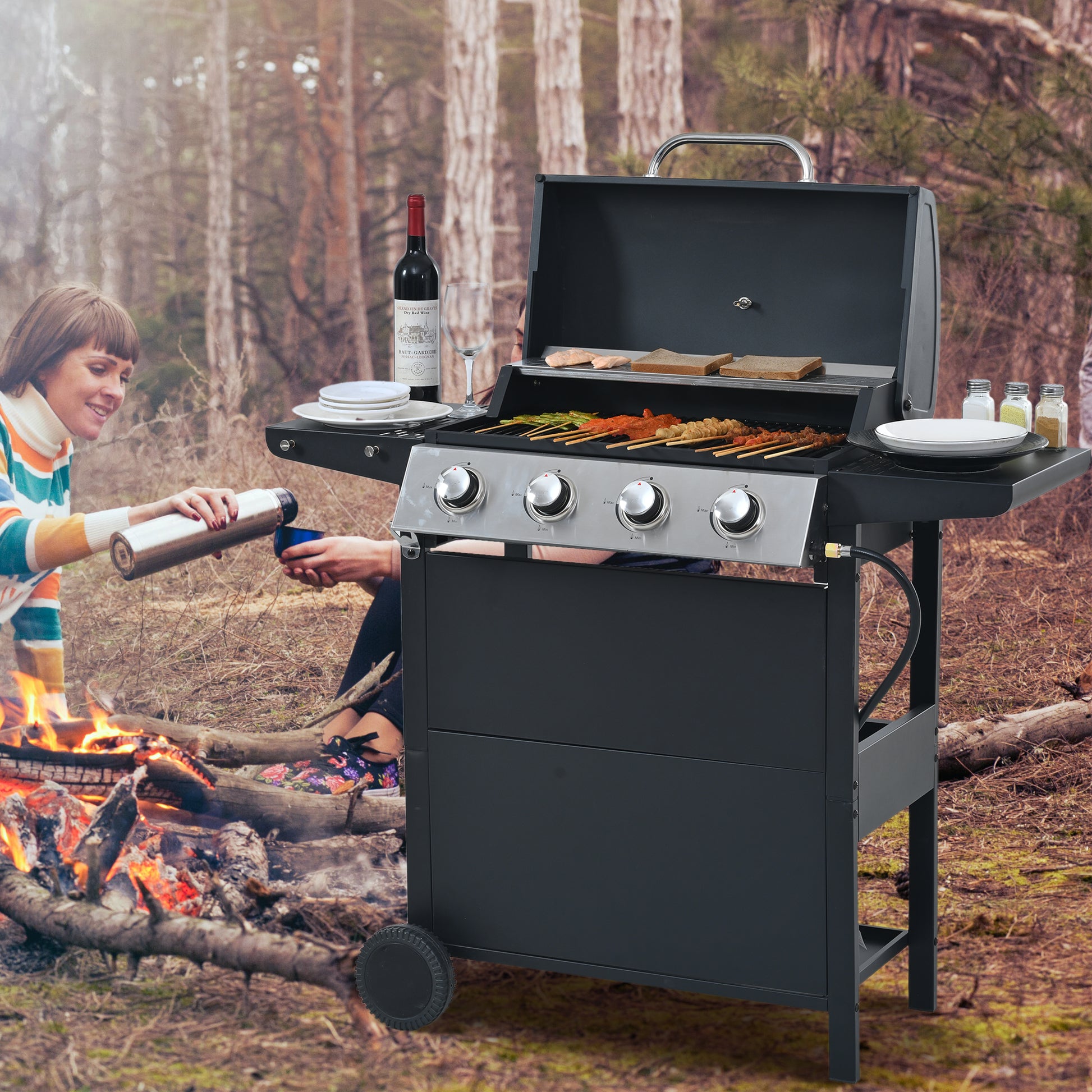 Propane Gas Grill 4 Burner Barbecue Grill, Stainless Steel 34,000 BTU Patio Garden Barbecue Grill with Two Shelves, Lid, Wheels and Bottle Opener by Dropsure