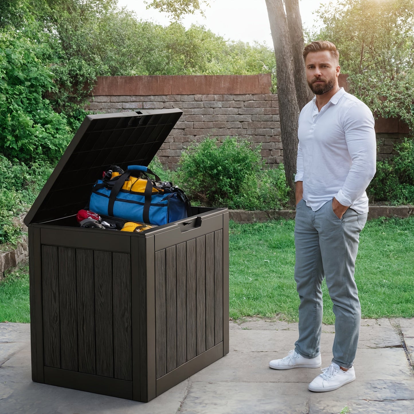 35 Gallon Outdoor Resin Storage Box – Black/Wood Grain by DailySale