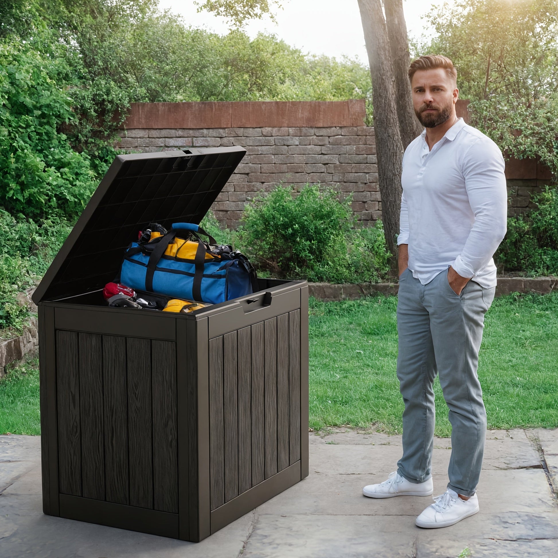 35 Gallon Outdoor Resin Storage Box – Black/Wood Grain by DailySale
