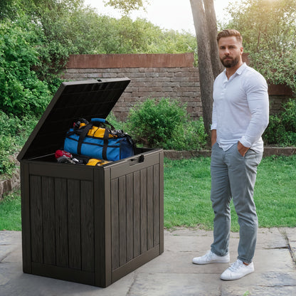 35 Gallon Outdoor Resin Storage Box – Black/Wood Grain by DailySale