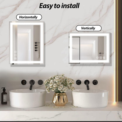 LED Bathroom Mirror 28 x 20 Inches with Front and Backlit,Anti-Fog,3 Colors and Dimmable Light,Tempered Glass by Dropsure
