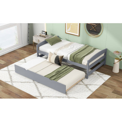 Twin Size Platform Bed With Twin Size Trundle, Gray