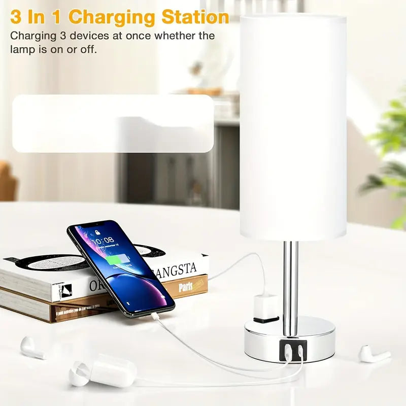 2 Pack Touch Control Table Lamps With USB Ports & AC Outlet, 3 Way Dimmable Bedside Lamps With Fabric Shades, A19 LED Bulbs Included, Perfect For Bedroom, Living Room, Reading