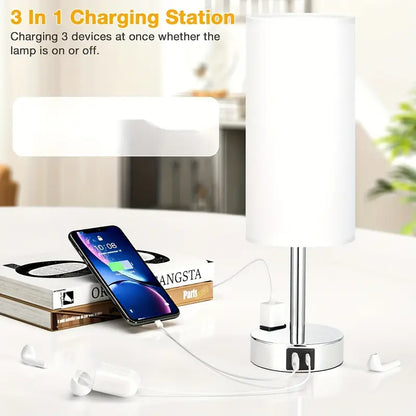 2 Pack Touch Control Table Lamps With USB Ports & AC Outlet, 3 Way Dimmable Bedside Lamps With Fabric Shades, A19 LED Bulbs Included, Perfect For Bedroom, Living Room, Reading