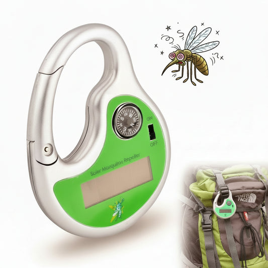 Green and silver mosquito repeller with a backpack clip on a white background