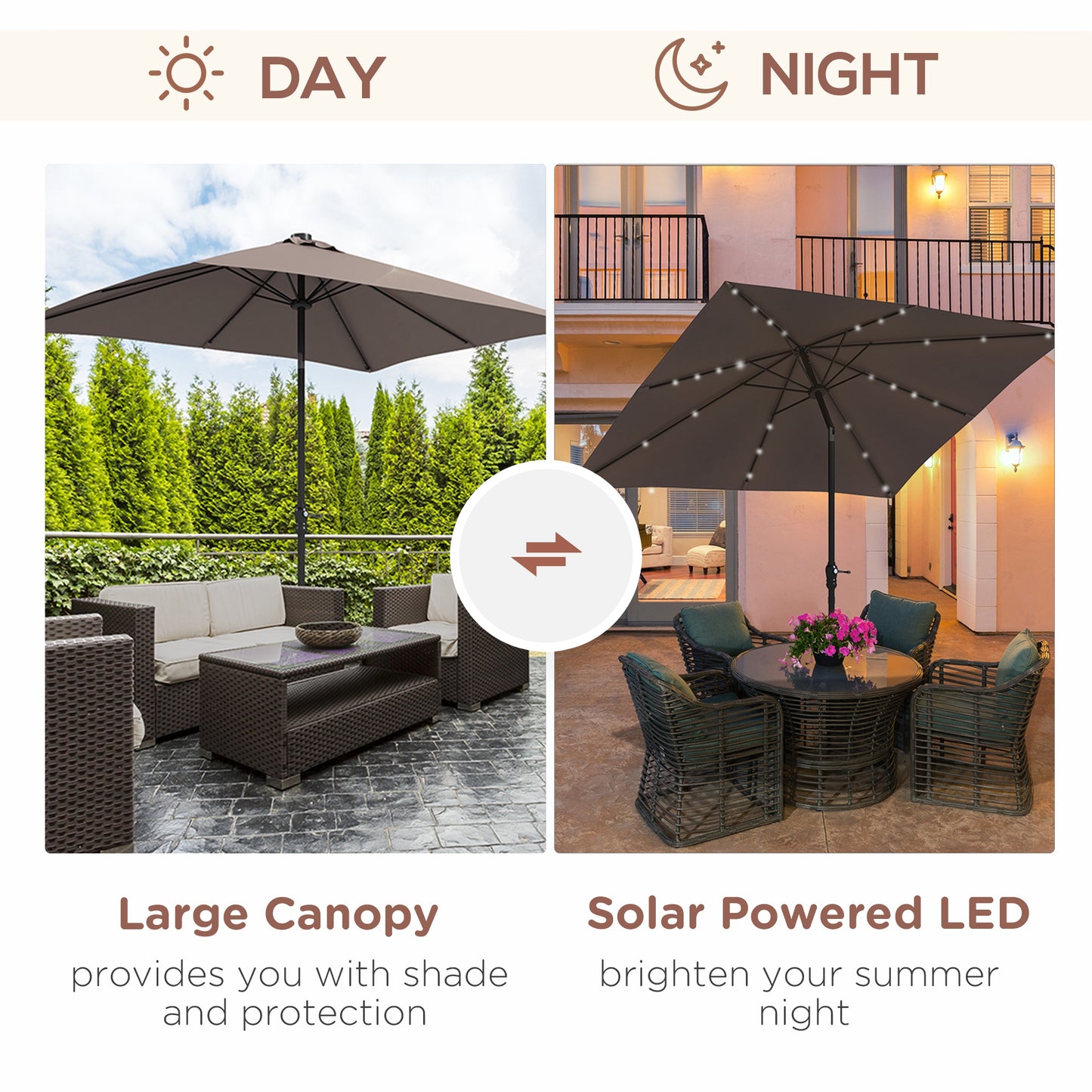Outsunny 9ft x 7ftSolar Umbrella, LED Lighted Patio Umbrella for Table or Base with Tilt & Crank, Outdoor Umbrella for Garden, Deck, Backyard, Pool, Beach, Tan by Dropsure