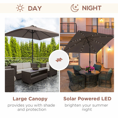 Outsunny 9ft x 7ftSolar Umbrella, LED Lighted Patio Umbrella for Table or Base with Tilt & Crank, Outdoor Umbrella for Garden, Deck, Backyard, Pool, Beach, Tan by Dropsure