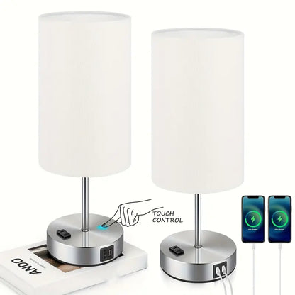 2 Pack Touch Control Table Lamps With USB Ports & AC Outlet, 3 Way Dimmable Bedside Lamps With Fabric Shades, A19 LED Bulbs Included, Perfect For Bedroom, Living Room, Reading