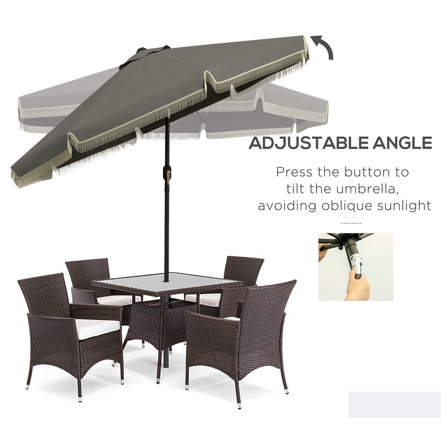 Outsunny 9ft Patio Umbrella with Push Button Tilt and Crank, Ruffled Outdoor Market Table Umbrella with Tassles and 8 Ribs, for Garden, Deck, Pool, Dark Gray by Dropsure