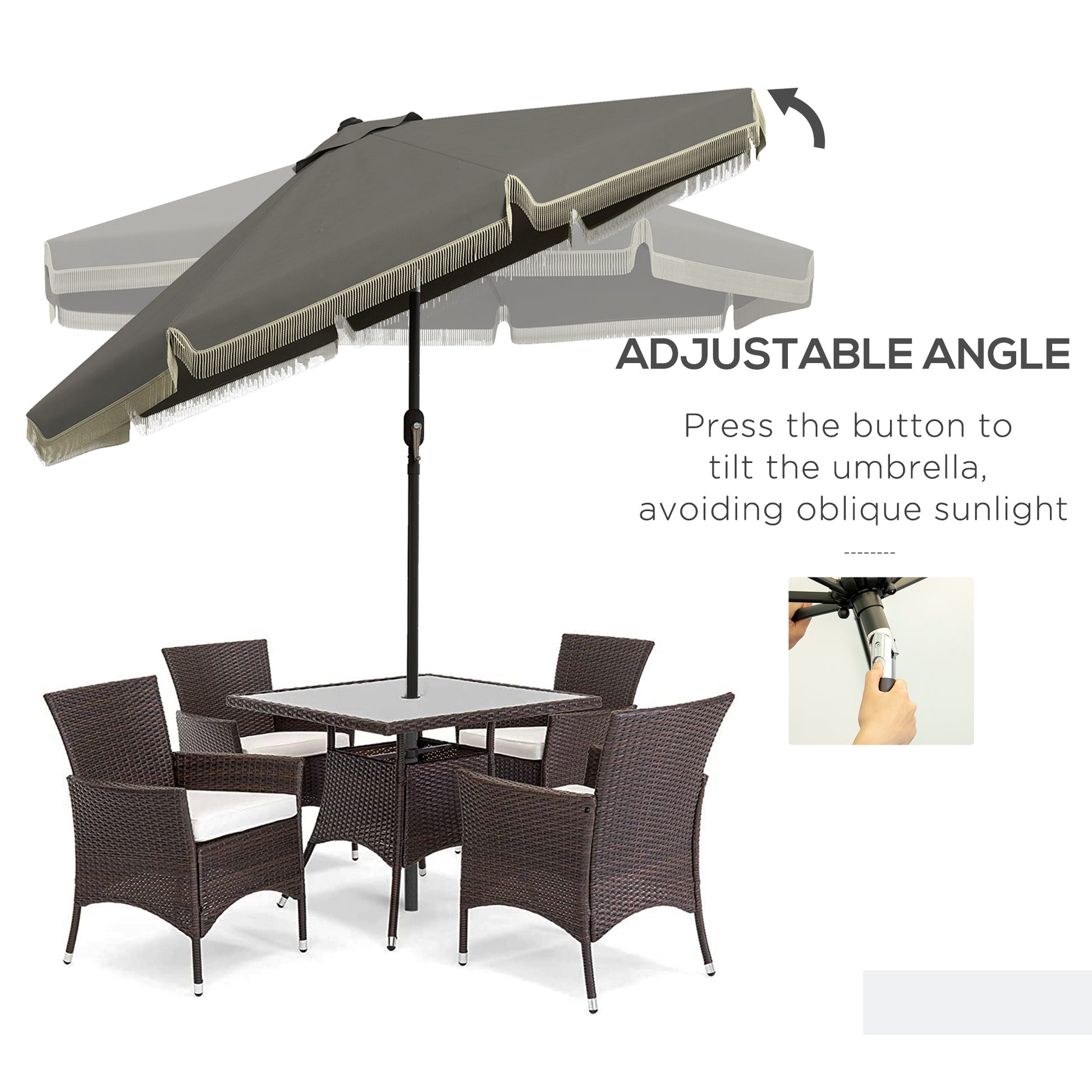 Outsunny 9ft Patio Umbrella with Push Button Tilt and Crank, Ruffled Outdoor Market Table Umbrella with Tassles and 8 Ribs, for Garden, Deck, Pool, Dark Gray by Dropsure