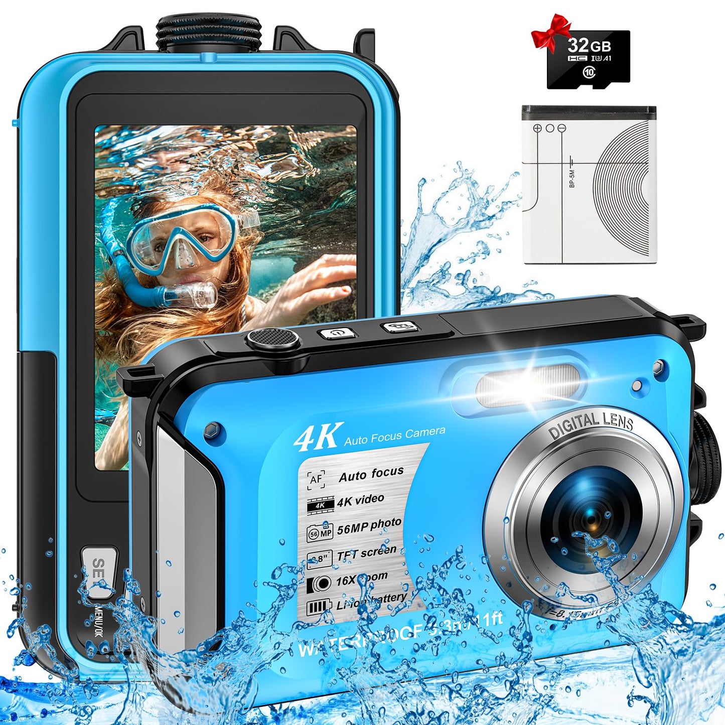 4K Waterproof Camera with 32GB Card 11FT Floatable Digital Camera Waterproof Digital Camera 56MP Autofocus 16X Compact Underwater Cameras for Snorkeling with 1250mAh Battery by Anti Spier
