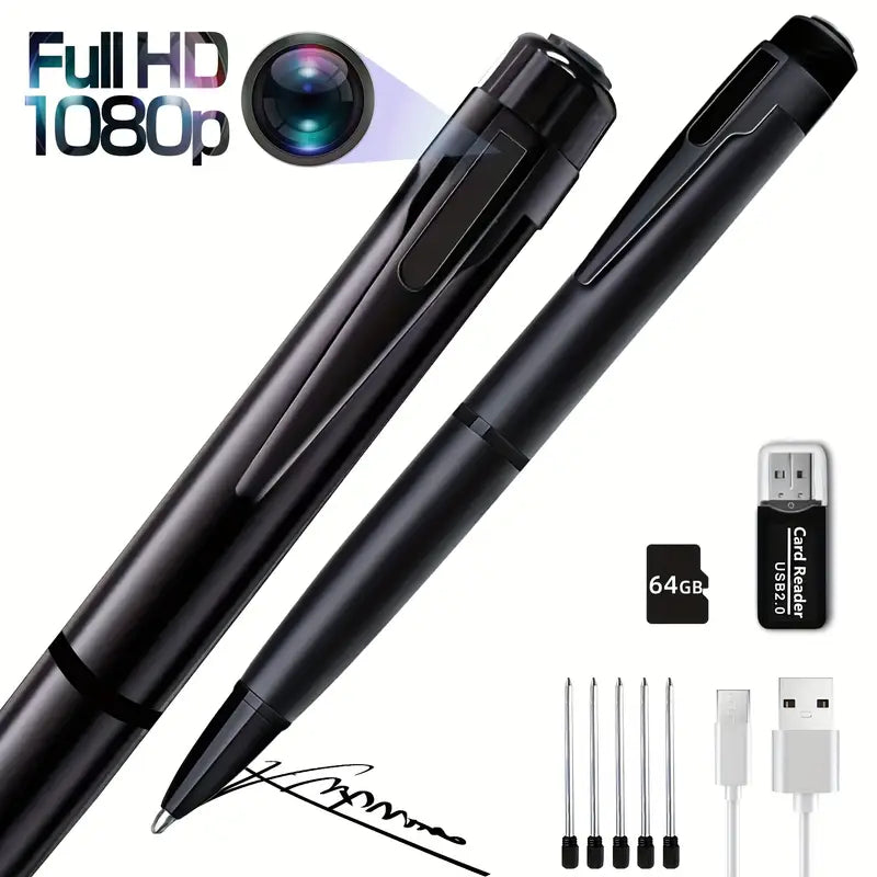 HD 1080P Pen Camera, 64GB Memory Card Included, Portable Mini Surveillance & Security Nanny Cam, Easy-to-Use, for Home Office Meeting Recording, Indoor/Outdoor Use