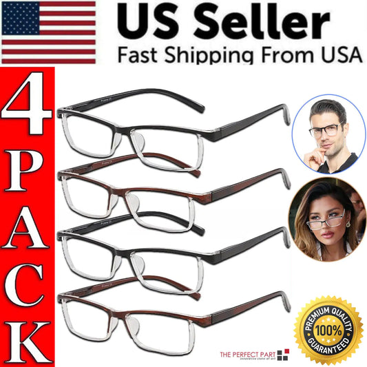 4 Pack Reading Glasses Readers Men Women Square Frame Spring Hinge Unisex Pairs - Anti Spier 