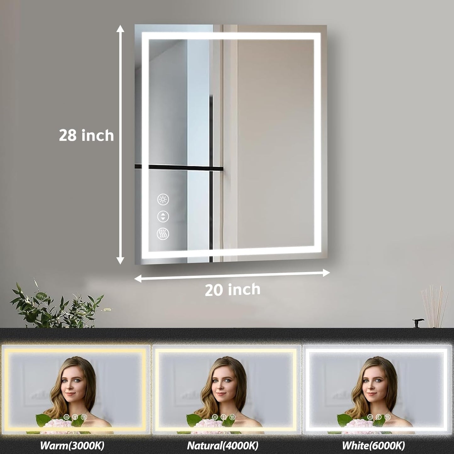 LED Bathroom Mirror 28 x 20 Inches with Front and Backlit,Anti-Fog,3 Colors and Dimmable Light,Tempered Glass by Dropsure
