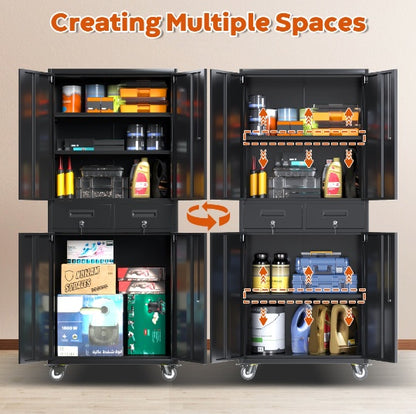 Tool Storage Cabinet With 4 Wheels And 2 Drawer And Adjustable Shelves