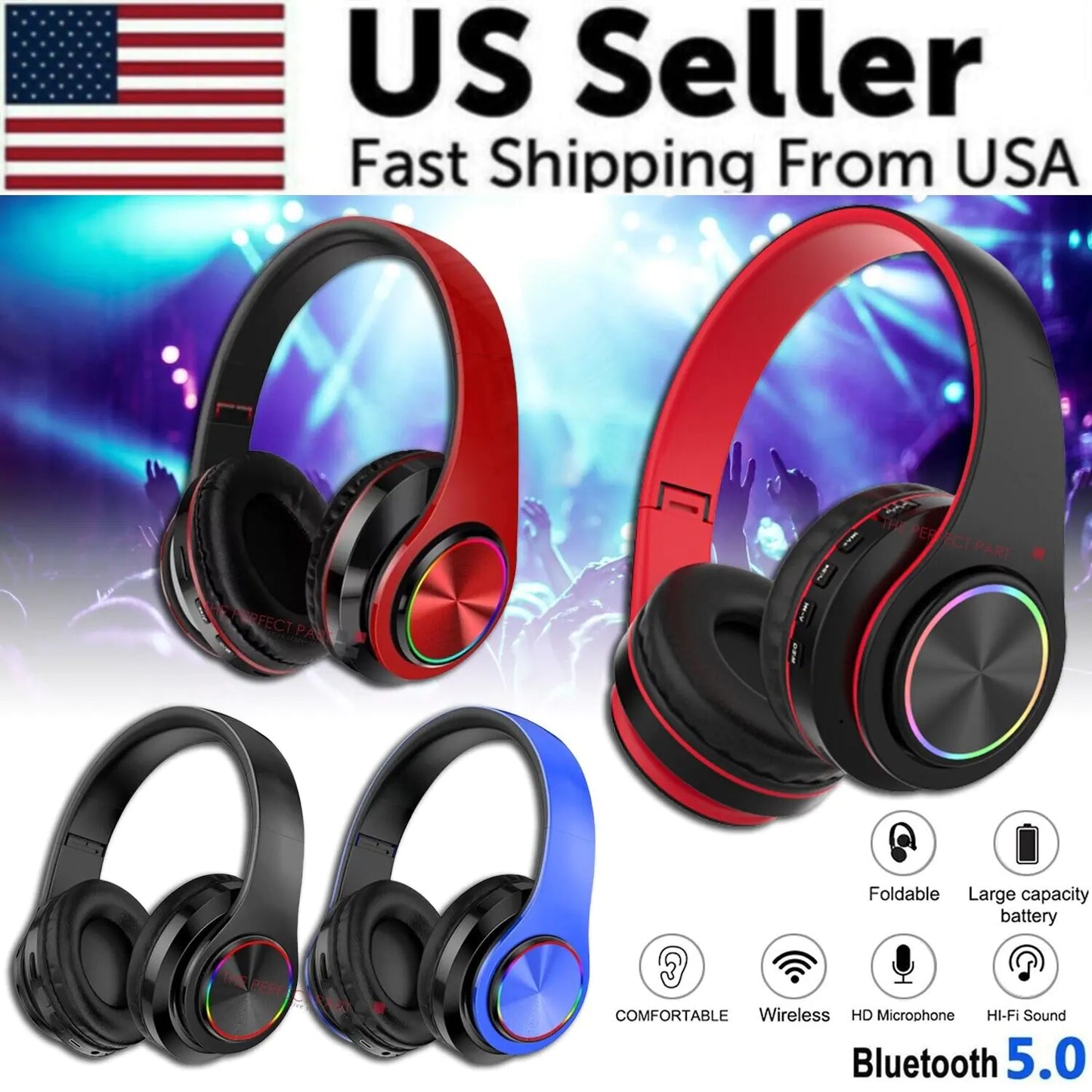 Super Bass Wireless Bluetooth Headphones Foldable Stereo Earphones Headsets Mic - Anti Spier 