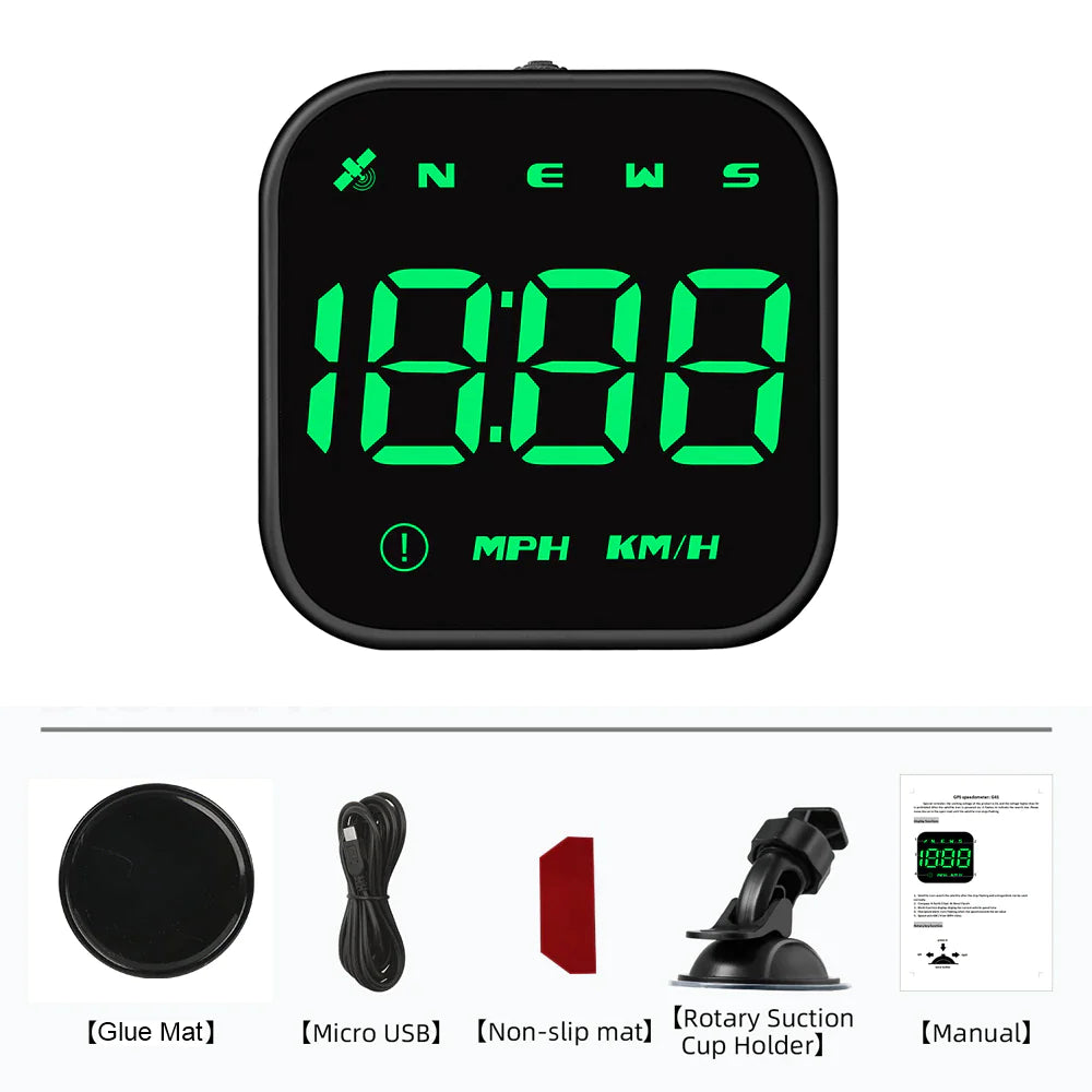 Digital Car HUD GPS Speedometer Head Up Display MPH KMH Compass Overspeed Alarm