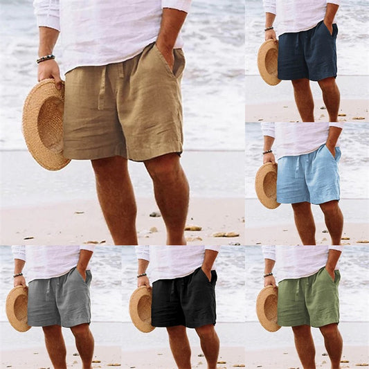 Men's shorts cotton hemp summer drawstring elastic waist straight legs Solid color comfortable breathable short daily beach