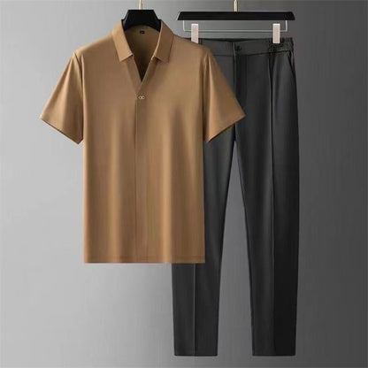 Ultra-thin high-end seamless laminated short-sleeved shirt for men's business and casual two-piece set
