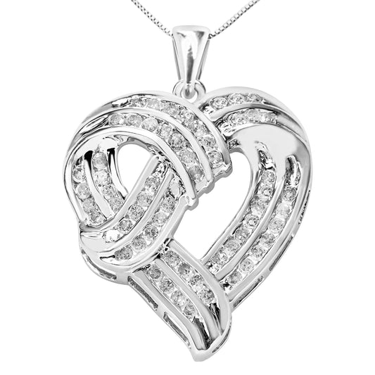 .925 Sterling Silver 1 1/4 Cttw Round Diamond Openwork Ribbon Weave Heart Pendant 18" Necklace (I - J Color, I3 Clarity) - Anti Spier - Anti Spier - necklace