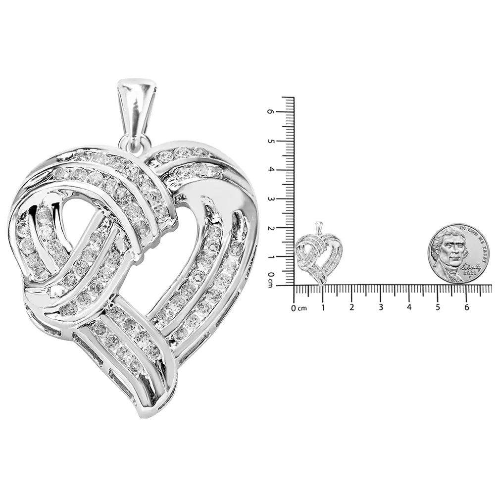 .925 Sterling Silver 1 1/4 Cttw Round Diamond Openwork Ribbon Weave Heart Pendant 18" Necklace (I - J Color, I3 Clarity) - Anti Spier - Anti Spier - necklace