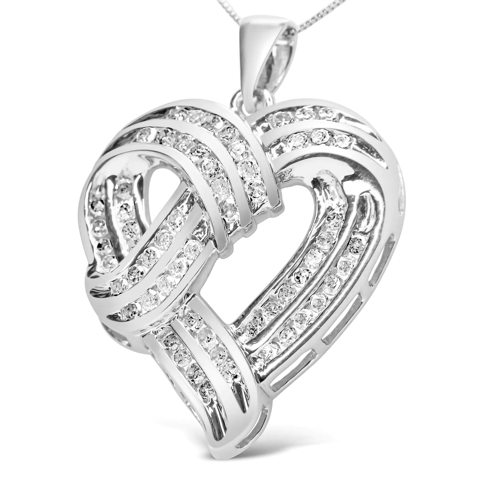 .925 Sterling Silver 1 1/4 Cttw Round Diamond Openwork Ribbon Weave Heart Pendant 18" Necklace (I - J Color, I3 Clarity) - Anti Spier - Anti Spier - necklace