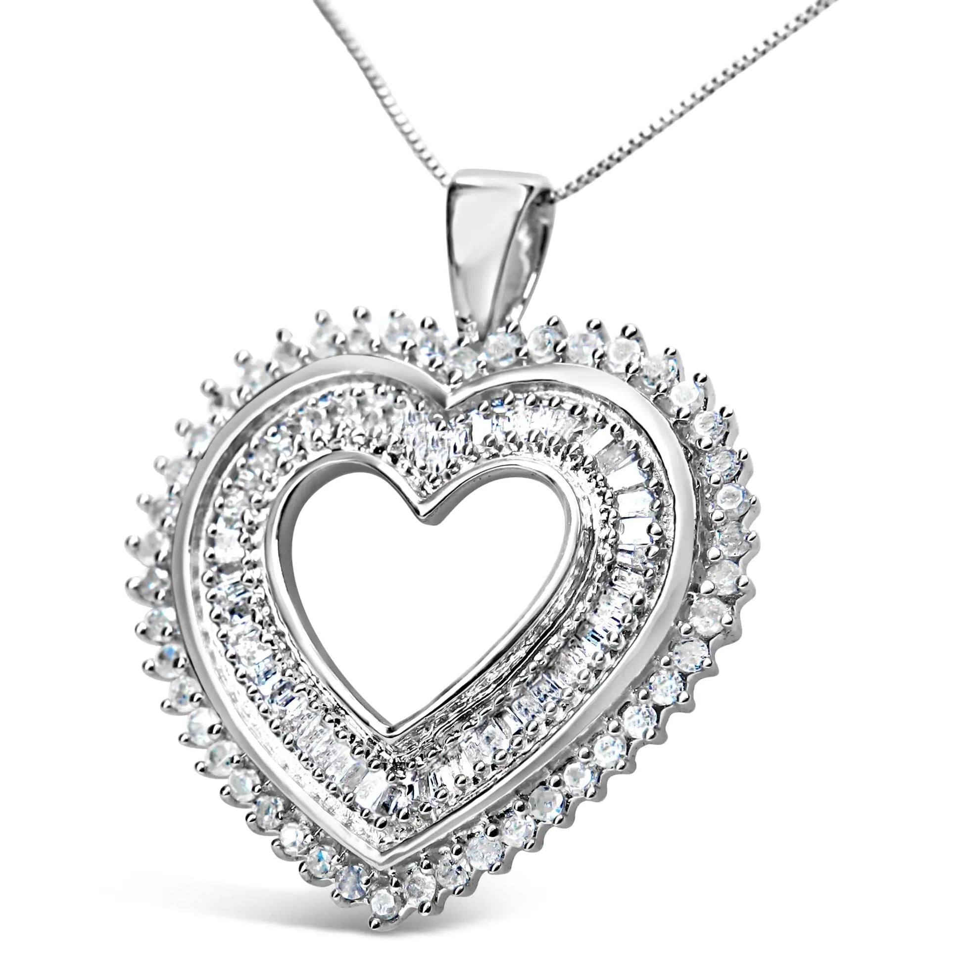 .925 Sterling Silver 1.0 Cttw Baguette and Round Diamond Heart Pendant 18" Necklace (H - I Color, I3 Clarity) - Anti Spier - Anti Spier - necklace