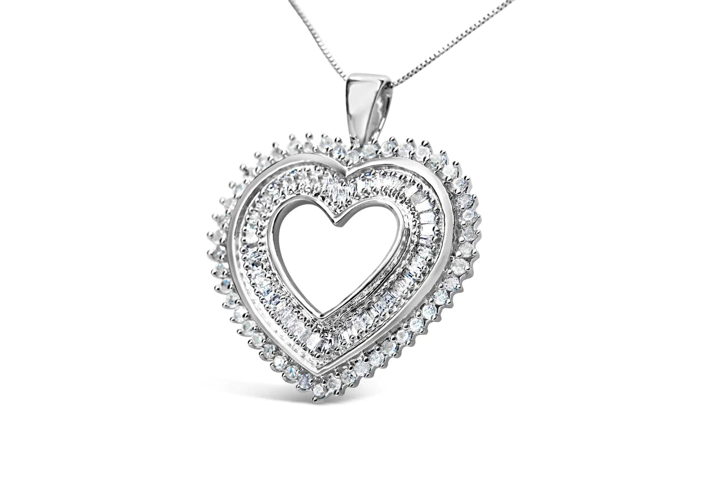 .925 Sterling Silver 1.0 Cttw Baguette and Round Diamond Heart Pendant 18" Necklace (H - I Color, I3 Clarity) - Anti Spier - Anti Spier - necklace