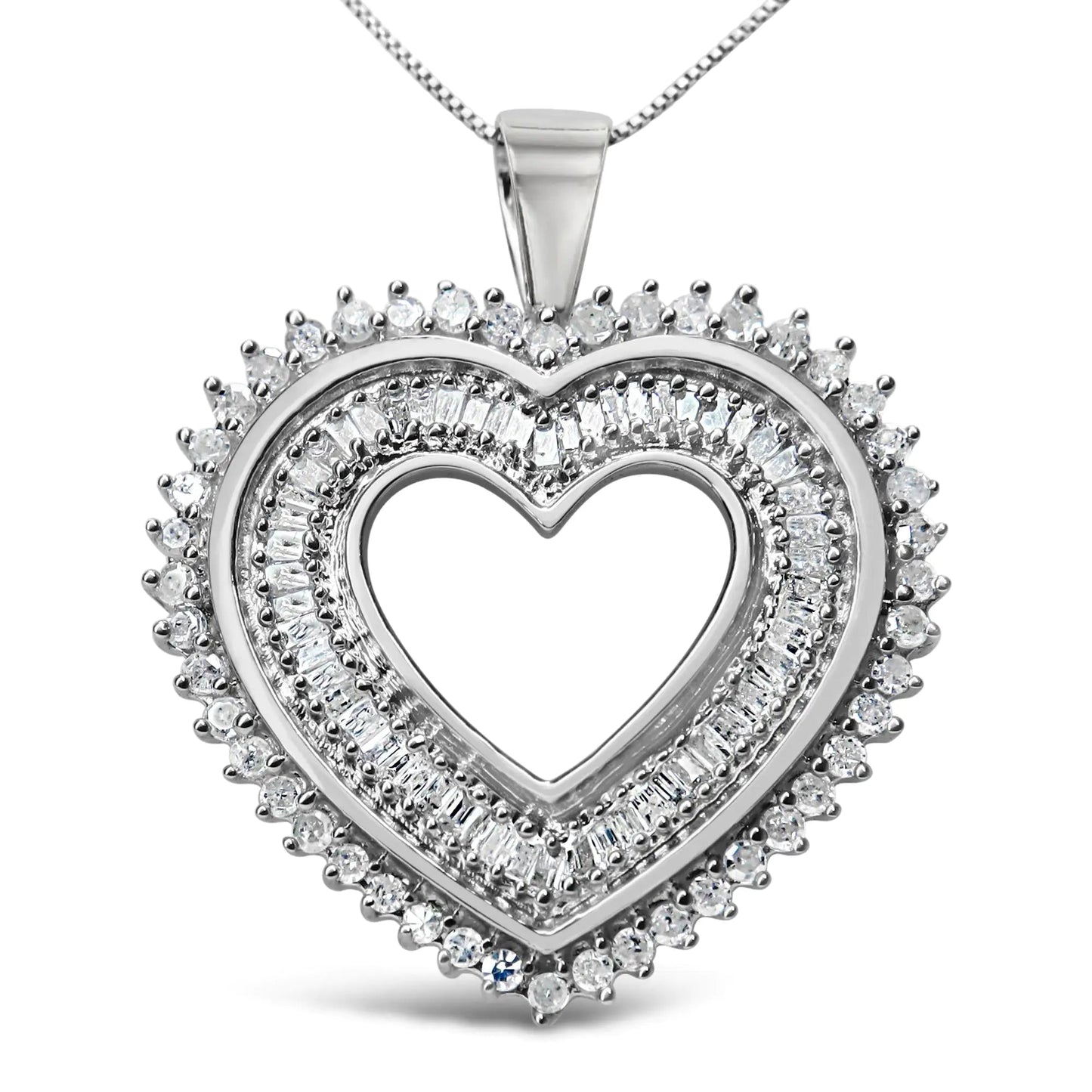 .925 Sterling Silver 1.0 Cttw Baguette and Round Diamond Heart Pendant 18" Necklace (H - I Color, I3 Clarity) - Anti Spier - Anti Spier - necklace