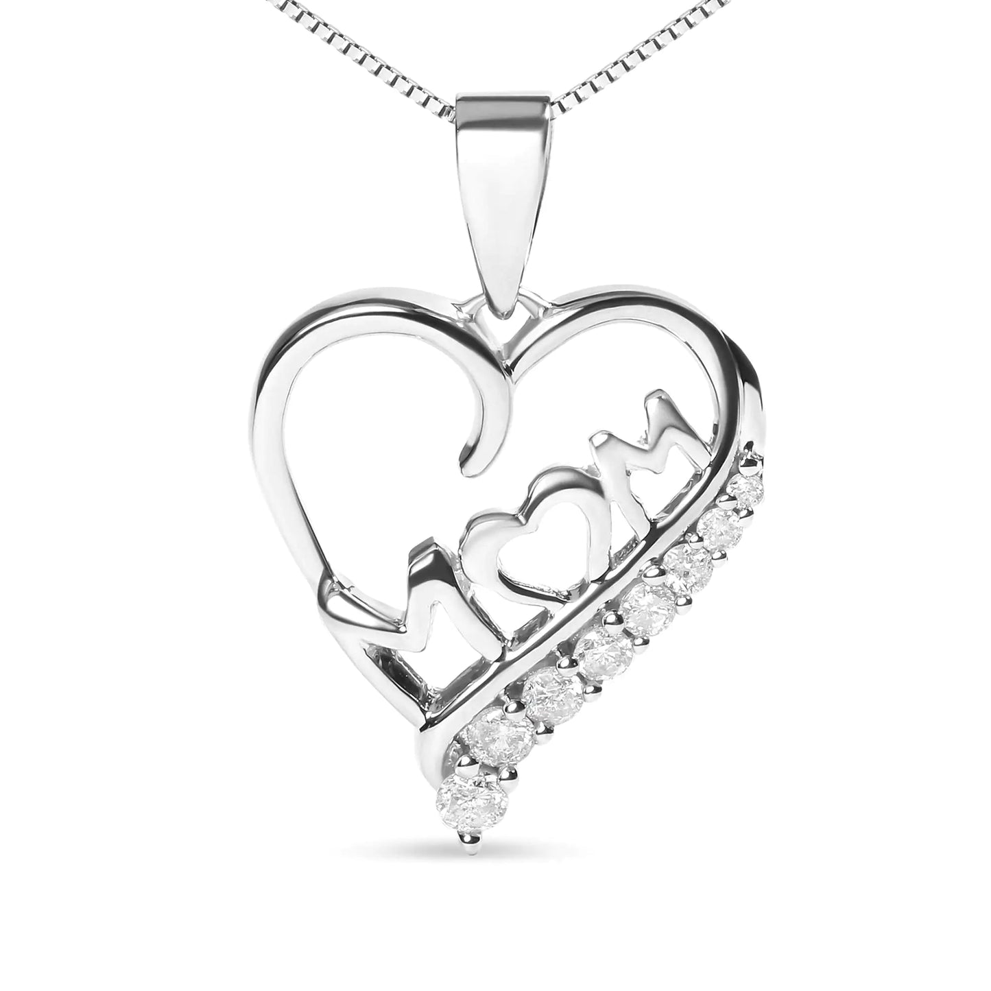 .925 Sterling Silver 1/4 Cttw Diamond "Mom" and Open Heart 18" Pendant Necklace (I - J Color, I2 - I3 Clarity) - Anti Spier - Anti Spier - necklace