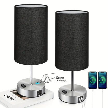 2 Pack Touch Control Table Lamps With USB Ports & AC Outlet, 3 Way Dimmable Bedside Lamps With Fabric Shades, A19 LED Bulbs Included, Perfect For Bedroom, Living Room, Reading