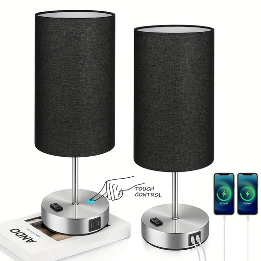 2 Pack Touch Control Table Lamps With USB Ports & AC Outlet, 3 Way Dimmable Bedside Lamps With Fabric Shades, A19 LED Bulbs Included, Perfect For Bedroom, Living Room, Reading