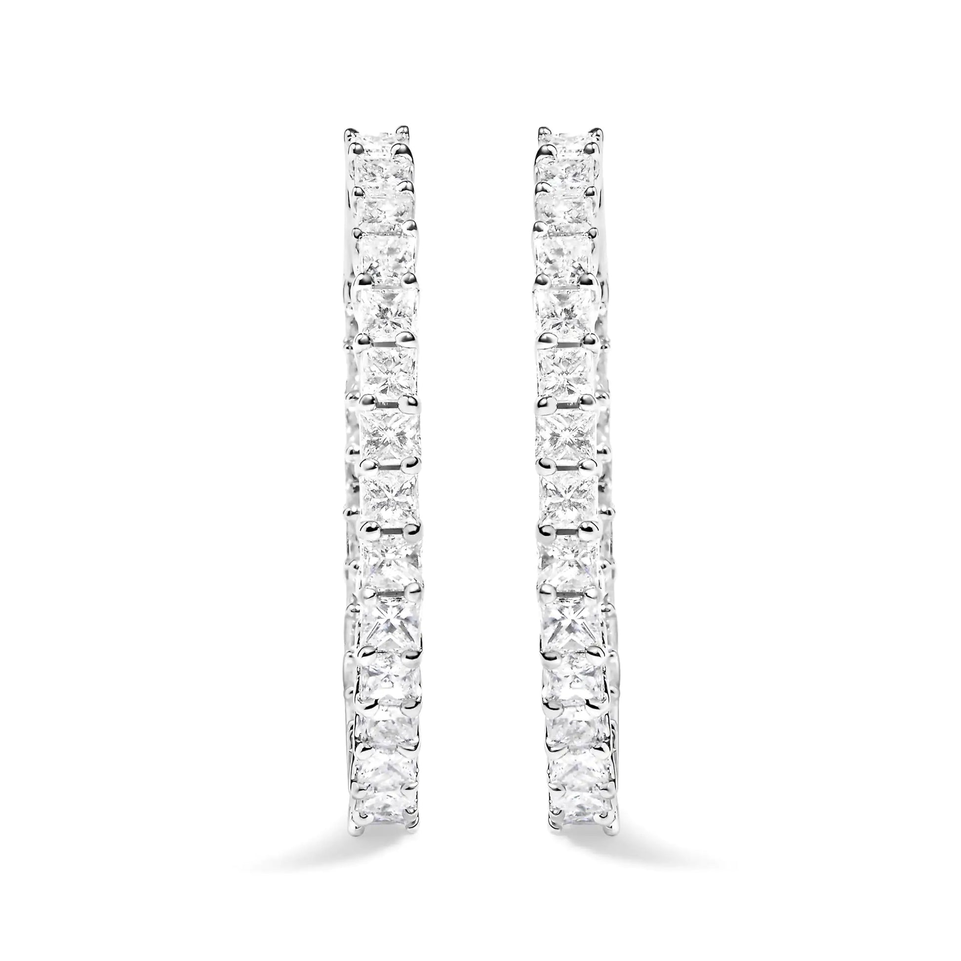 14K White Gold Natural Princess Cut Diamond Inside Out Hoop Earrings (G-H Color, SI2-I1 Clarity) - Anti Spier 