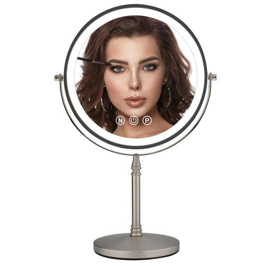 9" Large Makeup Mirror with Lights, 1X/10X Magnifying Vanity Mirror with 3 Colors Dimmable Lightning, 80 LED Lights, 360°Rotation Double Sided Standing Lighted Makeup Mirror Nickel Matte Nickel