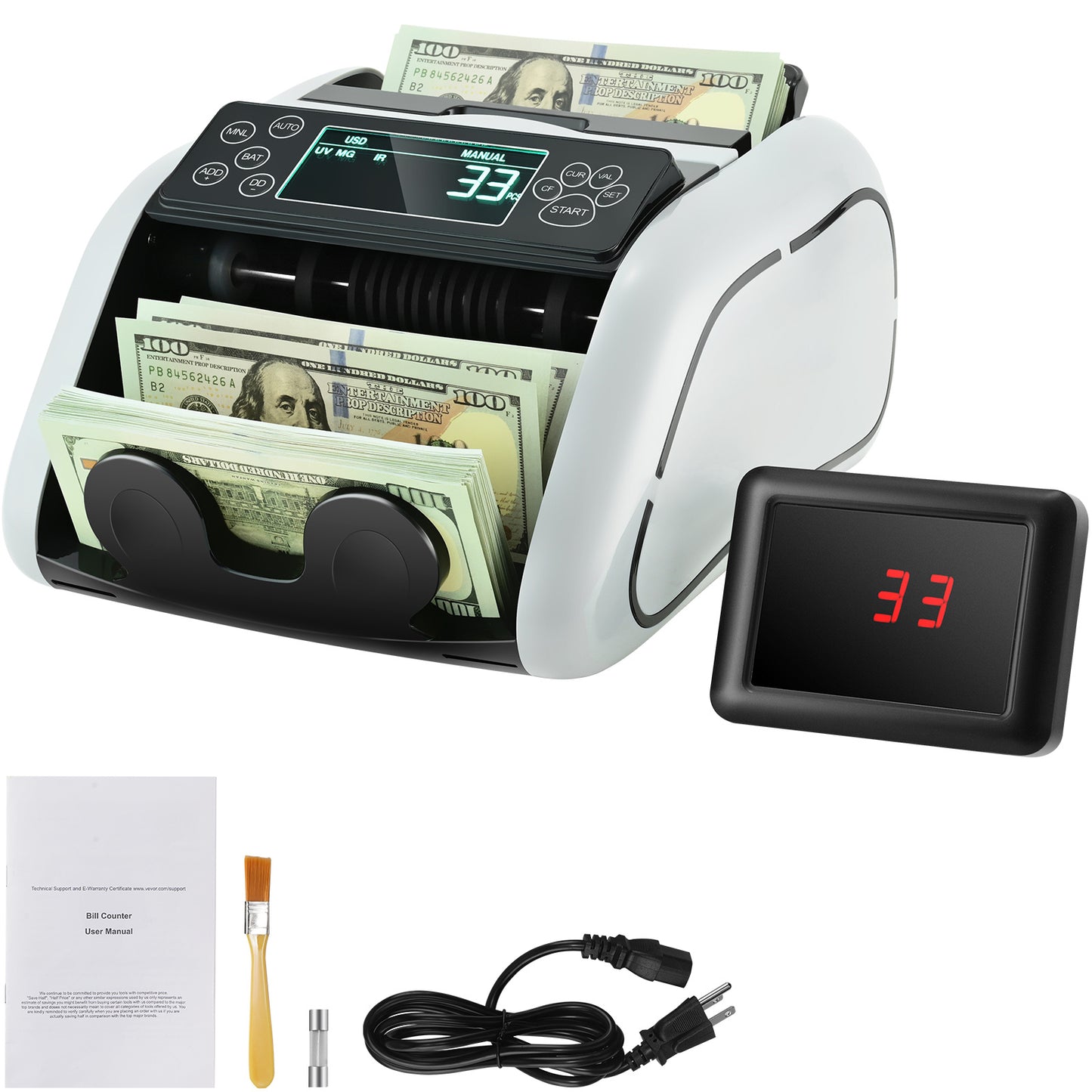 VEVOR Money Counter Machine, Bill Counter With UV, MG, IR And DD Counterfeit Detection, USD & EUR Cash Counting Machine With Large LCD & External Display For Small Business