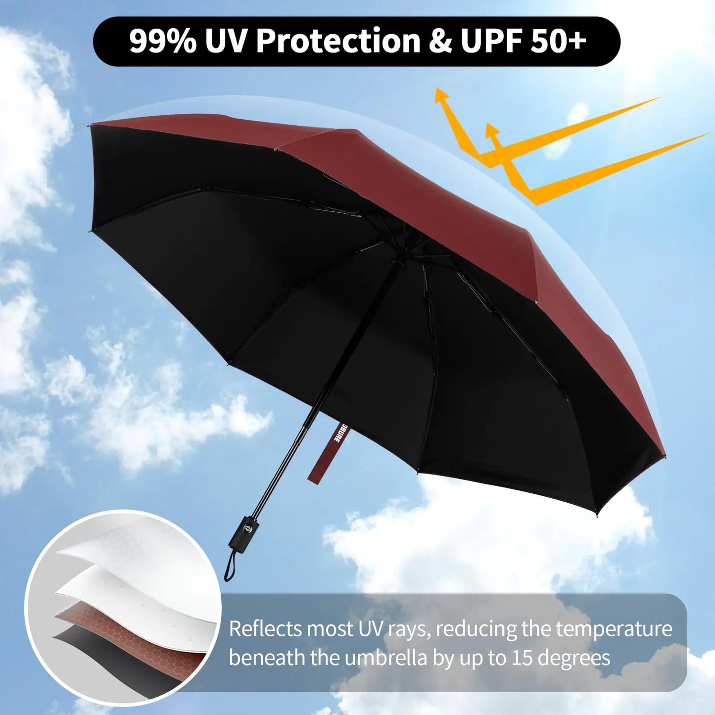 Yoobure Windproof Travel Umbrella, Automatic Umbrellas for Rain, Portable & Compact Umbrella for Backpack, Sun Umbrella for Walking, Folding Small Umbrella for Car, Lightweight Strong UV Protection Auto-Burgundy Red