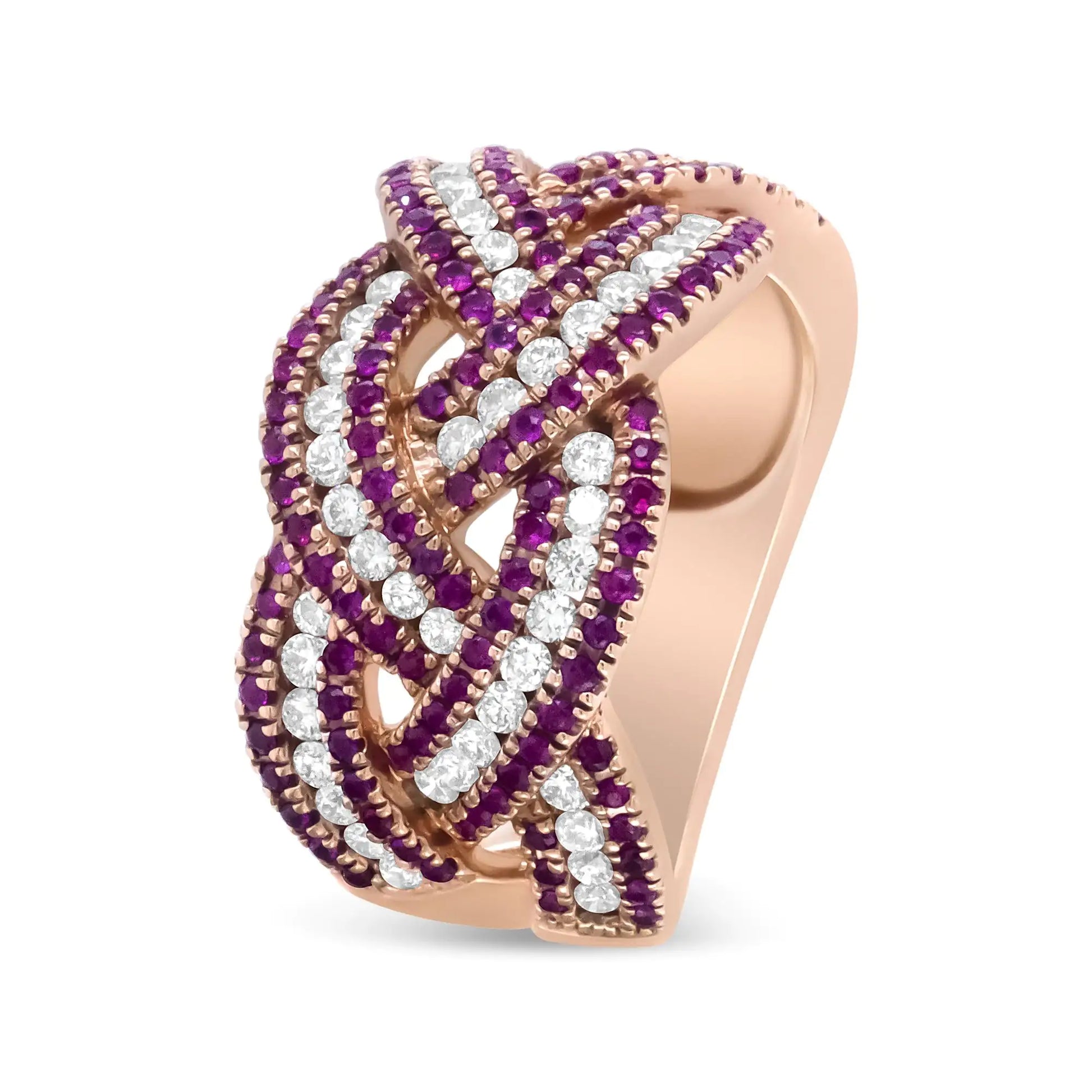 18K Rose Gold Red Ruby and 7/8 Cttw Diamond Woven Braided Band Ring (F-G Color, VS1-VS2 Clarity) - Anti Spier 