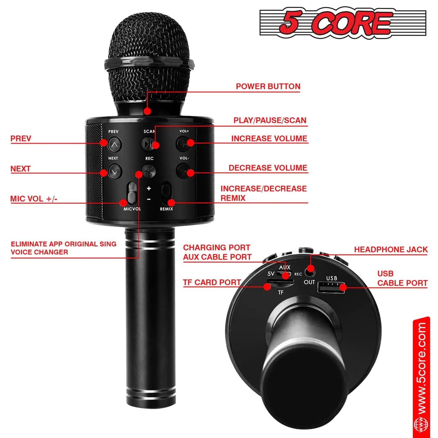 5Core Wireless Karaoke Microphone Bluetooth Mic Portable Handheld Microfonos Inalambricos