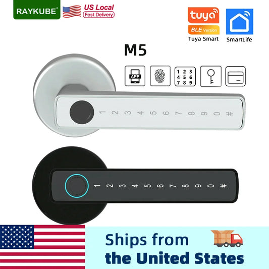 RAYKUBE M5 US Free Delivery Tuya BLE Smart Fingerprint Door Lock Electronic Lock with Password/Key/Card/Tuya APP Unlock