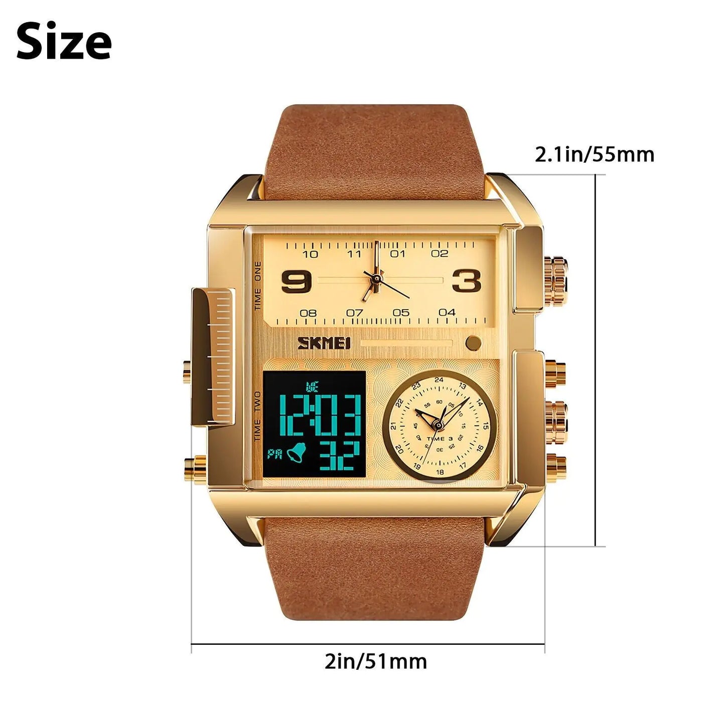 SKMEI Men Watch Large Dial Digital Quartz Sport Stopwatch Leather Wristwatch New - Anti Spier 