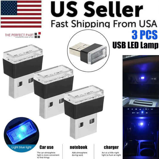 3x Mini Blue LED USB Car Interior Light Neon Atmosphere Ambient Lamp Accessories