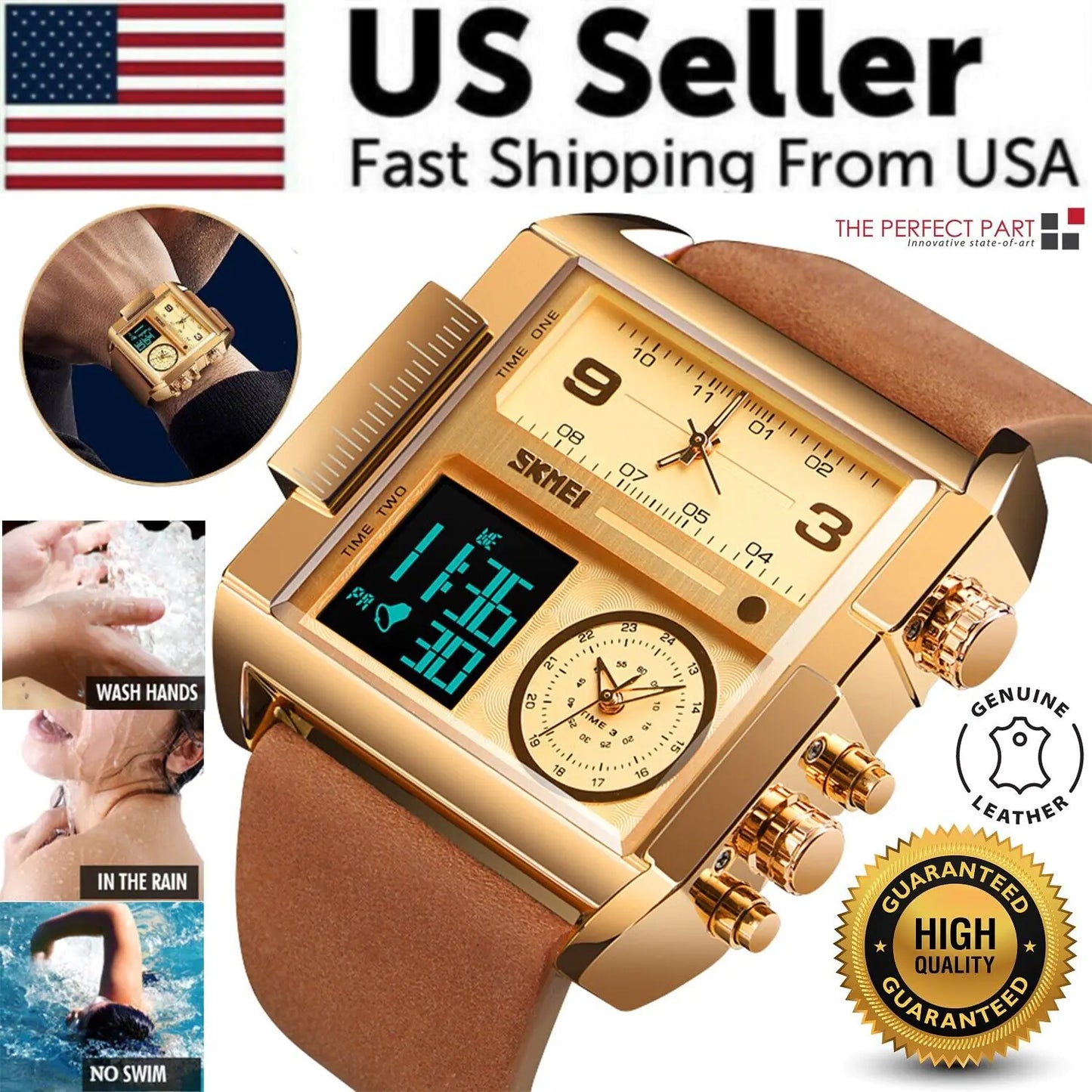 SKMEI Men Watch Large Dial Digital Quartz Sport Stopwatch Leather Wristwatch New - Anti Spier 