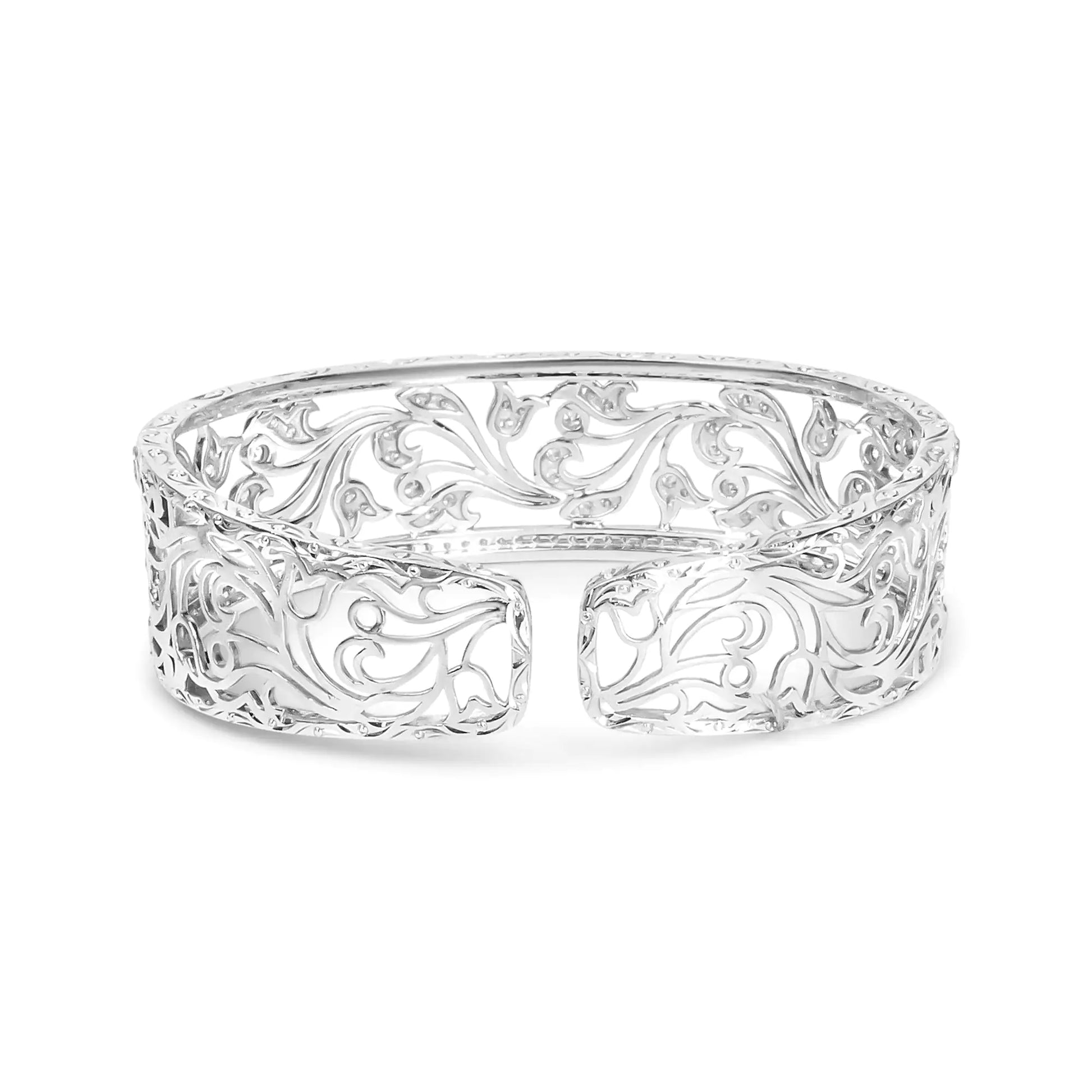 18K White Gold 3 1/4 Cttw Pave Diamond Openwork Floral Filigree Swirl Bangle Cuff Bracelet (H-I Color, VS2-SI1 Clarity) - Anti Spier 